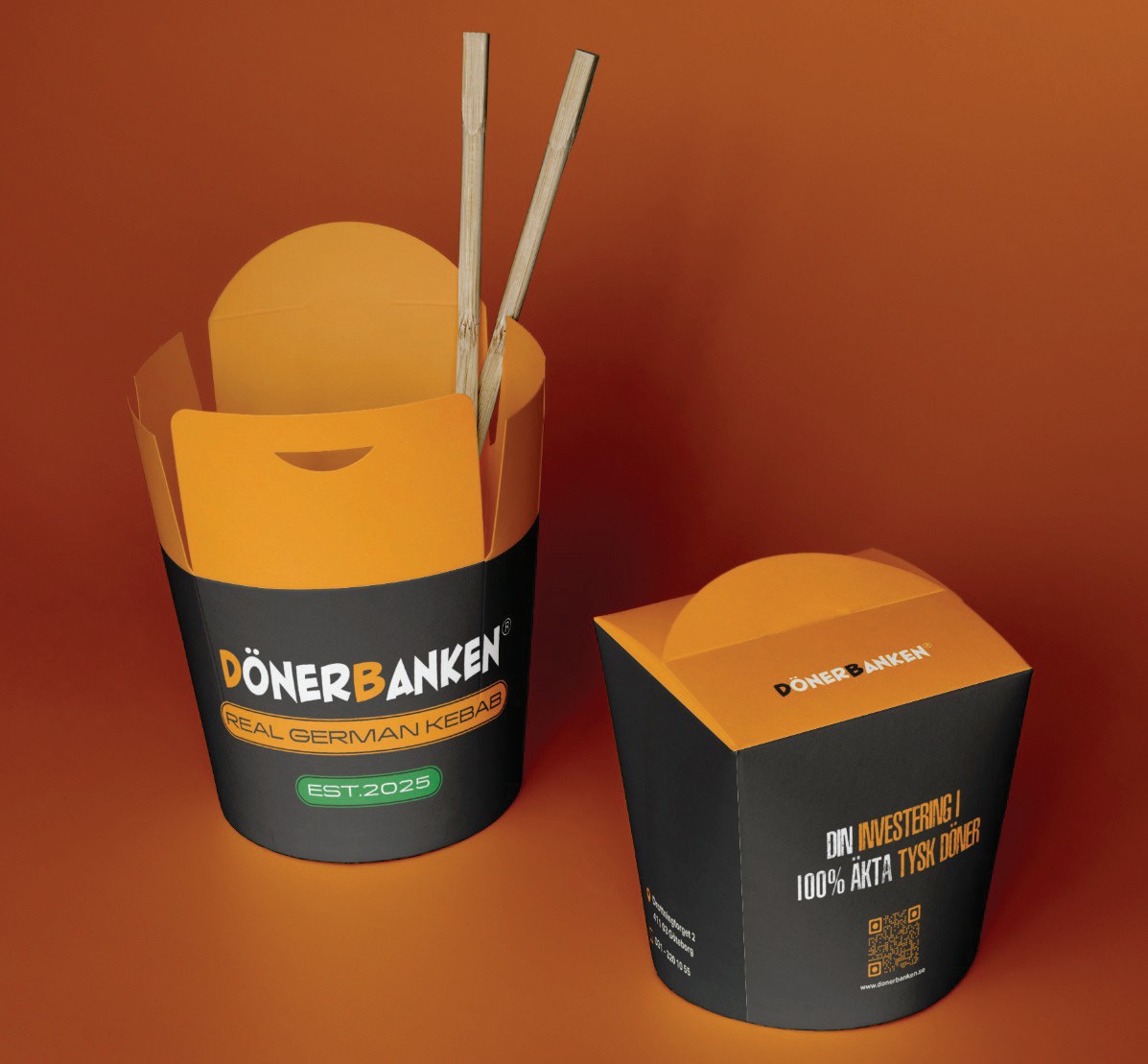 Custom-printed packaging: kraft boxes, branded cups and paper bags